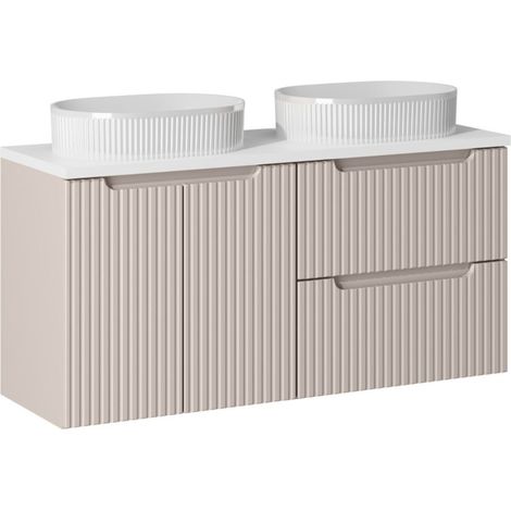 Conjunto VANO cachemira y blanco 120cm: muebles bajo lavabo con cajones y armarios + encimera para lavabo + lavabos sobre encimera ranurados