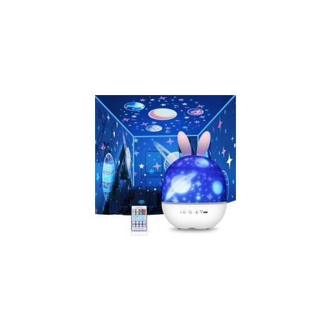 Veilleuse projecteur d'étoiles dimmable 360° avec 6 films – Télécommande – Rechargeable USB – Musique intégrée pour enfants