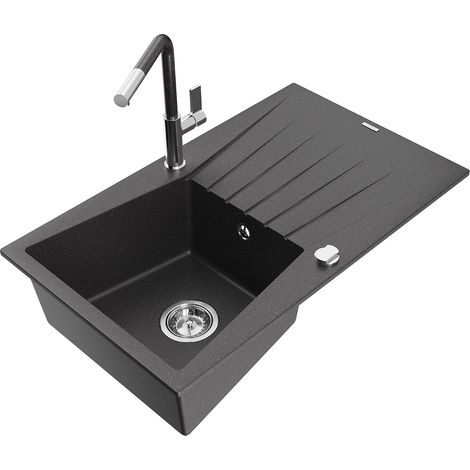Mexen Cesar 1 Becken-Granitspüle mit Abtropffläche und Mischbatterie Flora, Schwarz gesprenkelt - 65