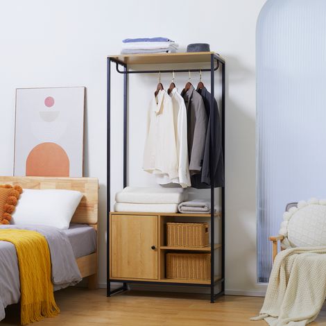 Garderobenständer im Industriestil mit Stahl- und Holzkonstruktion, Schrank mit Einlegeboden und 2 offenen Seitenfächern, 80 x 40 x 180 cm, Natur