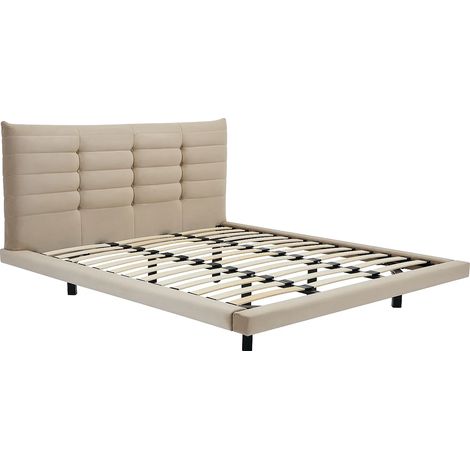 Lit 140 x 190 cm avec tête de lit capitonnée - Velours - Beige - NISATIO (1/5)