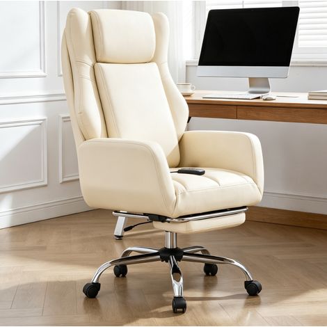 fauteuil de bureau de massage crème ergonomique inclinable 90 à 135 degrés avec repose pieds télescopique accoudoirs rabattables chaise pivotante en cuir pu charge maximale 500 lbs (1/5)