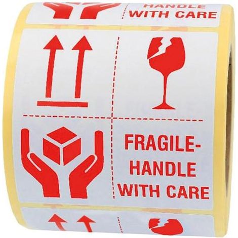 Warnetiketten Fragile - handle with care Maße 100x100mm weiß Rollenkern 76mm (1/2)