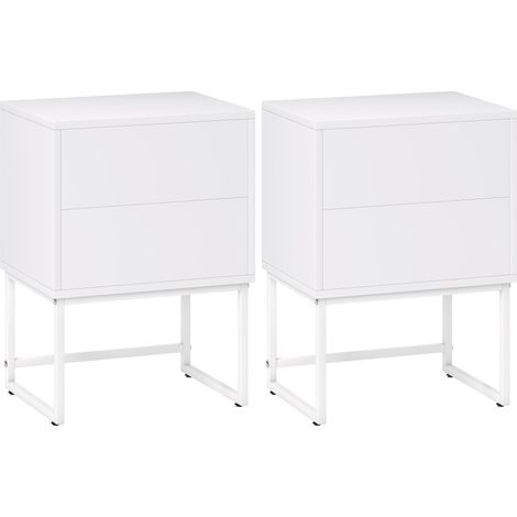 Lot de 2 tables de chevet étroites avec 2 tiroirs, ouverture par simple pression et pieds en acier, 40 x 30 x 55 cm, blanches