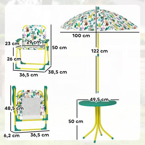 Ensemble mobilier jardin enfant 4 pièces, table et 2 chaises pliantes avec parasol démontable, vert, idéal terrasse et jeux extérieurs (1/5)