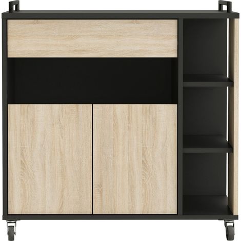 Les Tendances – Desserte de cuisine en chêne brut et noir – Tiroir et 4 niches de rangement – Roulettes pour déplacement facile – Style industriel (1/5)