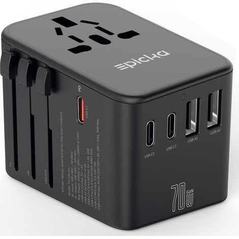 Adaptateur Prise Universelle, PD 70W Adaptateur Voyage avec 3 USB-C, 2 USB-A, Adaptateur Prise Universelle Voyage, Adaptateur International vers USA Japon Canada UK Australie Chine, Noir (1/5)