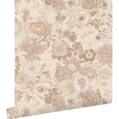 Papier peint à motif fleurs vintage beige et vieux rose – Dimensions 53cm x 10,05m – Écologique et facile à poser – Estahome