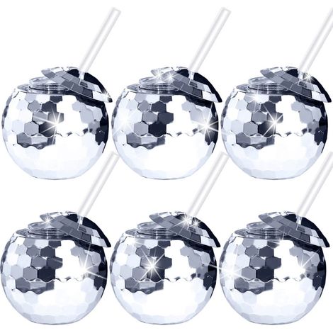 Juego de 6 vasos reutilizables con diseño de bola de discoteca, 59 cl, con tapas y pajitas, para discotecas, bares, botellas de sirope, té (plateado) (1/5)