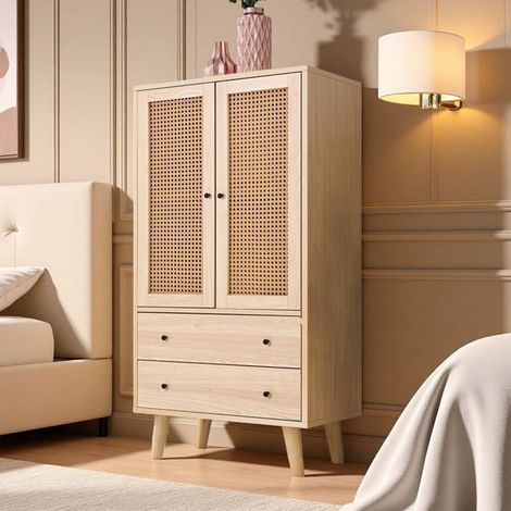 Cómoda - NEXU - Mueble de Almacenamiento Escandinavo - Buffet con 2 puertas y 2 cajones - 60 x 40 x 120 cm - Color madera