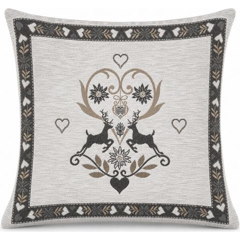 taie d'oreiller décorative tyrolienne 40x40 marron écru cerf fabriquée en Italie (1/5)