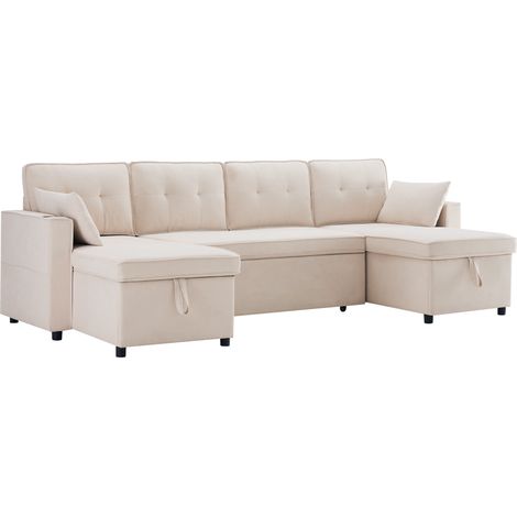Canapé-lit avec fonction couchage, canapé en U, canapé rembourré, tissus en coton et lin, avec porte-gobelet, rangements, adapté aux familles, au salon, etc. Vidéo disponible [old sku:N653P9745GA] (1/5)
