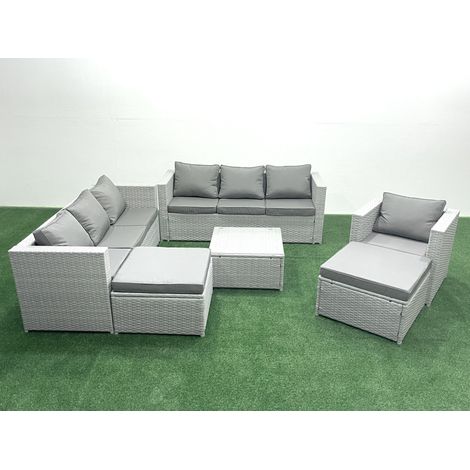 Fimous Wicker PE Rattan Sofa Garden Furniture Set with Armchair Square Coffee Table 2 Big Footstools Light Grey Mixed (1/5)