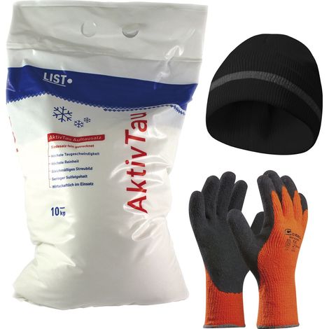 Winter-Set Streusalz 10 kg + Winter-Handschuhe Gr. 11 (XXL) + Haube