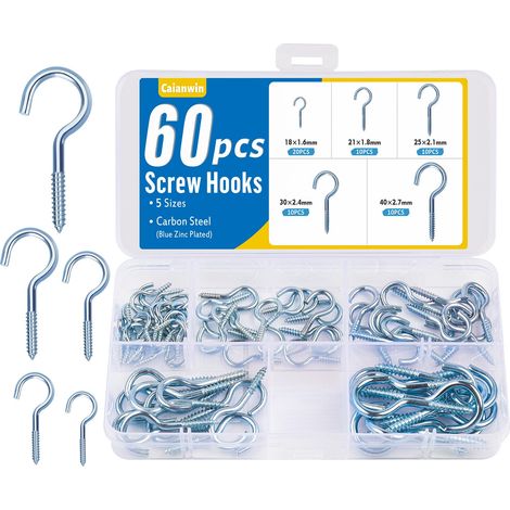 Lot de 60 crochets à visser - Mini et petites vis à crochet avec filetage en acier galvanisé pour l'intérieur et l'extérieur - Crochets de plafond - Crochets de fixation (5 tailles) (1/5)