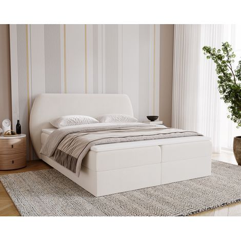 Emporius Lit double 140x200 Cartagena avec matelas, rangement - tête de lit arrondie, velours, Crème (1/5)