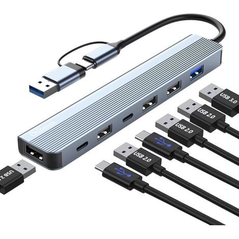 USB-C 3.0 Hub, 7-in-1 USB 3.0 Multiport-Adapter mit USB 3.0, USB 2.0, USB-Splitter, USB Typ-C Hub für MacBook Air/Pro, Galaxy, iPad, Windows, Laptop (1/5)