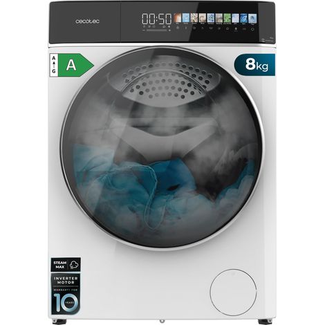 Lavasciuga steel con capacità di 8 kg - 5 kg e 1400 giri/min, 16 programmi, motore Inverter Plus, classe A, SteamMax, OnSmart, Fuzzy Logic, Smooth Wash, SpaCare, Stain Match e gomma antibatterica.