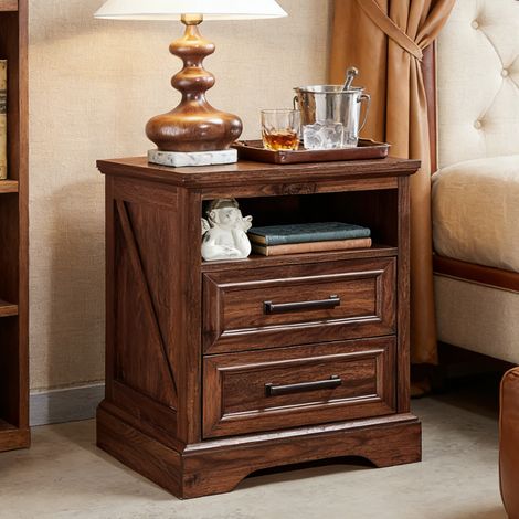 Table de Chevet Commode 45,7 cm avec Station de Charge, Table d'Appoint à 2 Tiroirs de Rangement - Idéal pour Chambre à Coucher & Salon - Panneau de Particules Marron (1/5)