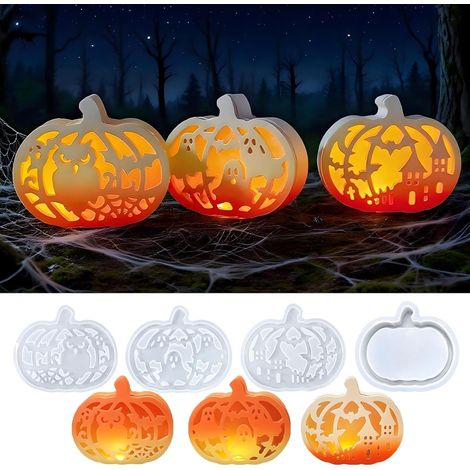 Lot de 4 moules en silicone en forme de citrouille d'Halloween avec motif d'éléments d'Halloween, pour moulage de plâtre et travaux manuels d'automne (1/5)