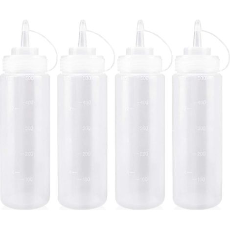 Flacon Sauce Cuisine avec Capuchon 500ml Bouteille à Sauce en Plastique pour Condiments, Assaisonnements, Ketchup, Moutarde, Mayo, Huile dolive, Clair, 16oz, 4PCS