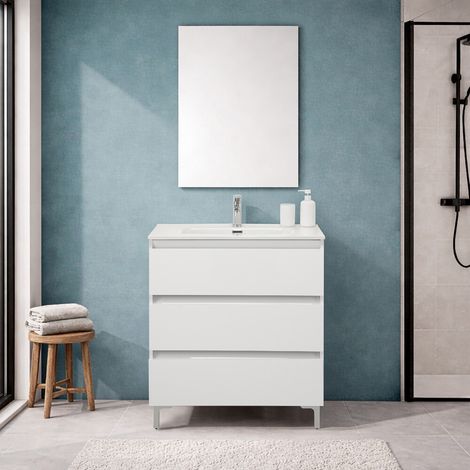 Mobile bagno a terra 80 cm in bianco lucido con lavabo e specchio Leda (1/5)