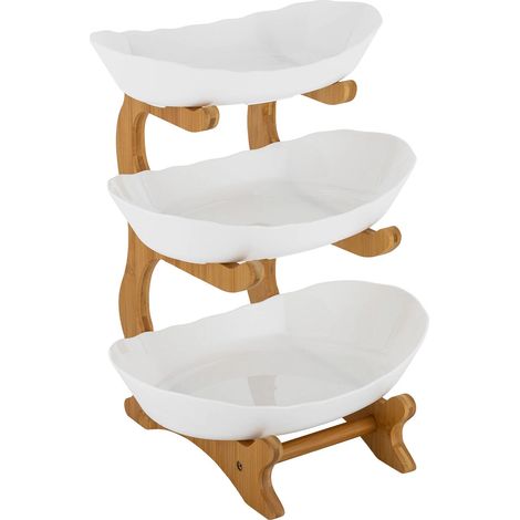 3 Etagen Obstkorb Etagere aus Bambusholz, Küche Bambusholzständer mit Rutschfester Boden, Kategorien einordnen, Yuanbao Obstschale für Aufbewahren Obst Süßigkeiten Kuchen (Weiß) (1/5)