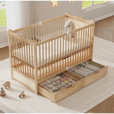 MODFU – Lettino per neonati 70x140 cm in pino massello con rete regolabile su 4 altezze, 2 cassetti con ruote, portata 32 kg e 2 colli – Naturale (1/5)