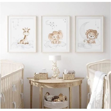 Lot de 3 Poster Animaux Bebe Garcon Fille 30x40 Affiche Beige Chambre Tableau Enfant Jungle Lion Girafe Elephant Nuage (1/4)