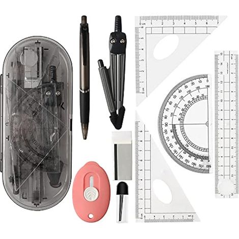 Lot de 9 pièces de géométrie, compas et rapporteur, kit mathématique avec règle, rapporteur, compas, gomme, cutter et trousse pour l'école