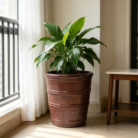 Vaso in ceramica Ø 40,5 cm marrone rossastro lucido a righe per grandi piante - MEUBLIV (1/5)