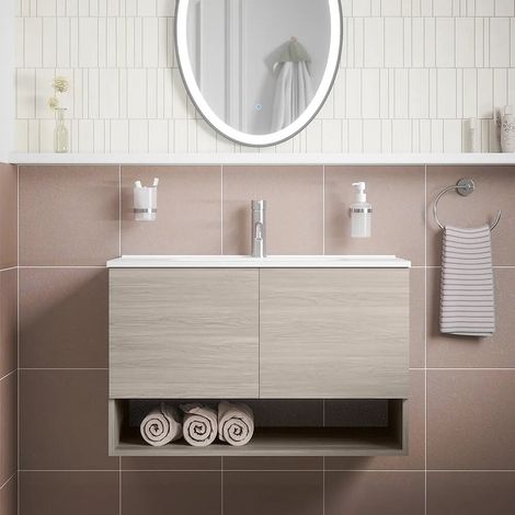 Meuble suspendu 80 cm en chêne gris avec deux portes compartiment ouvert et lavabo Sauris (1/4)