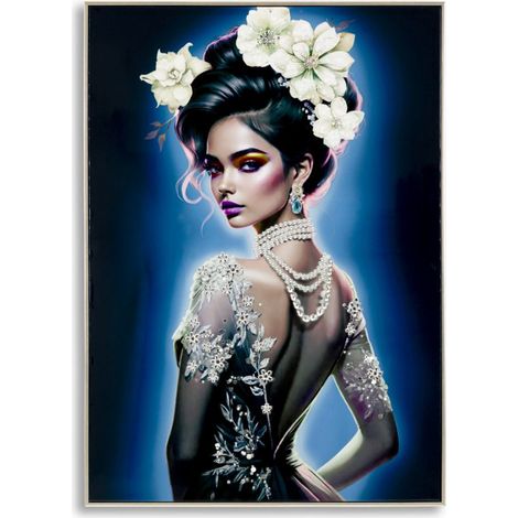 Dipinto su tela Isabel B dama con perle e fiori bianchi, 72x102 cm (1/5)