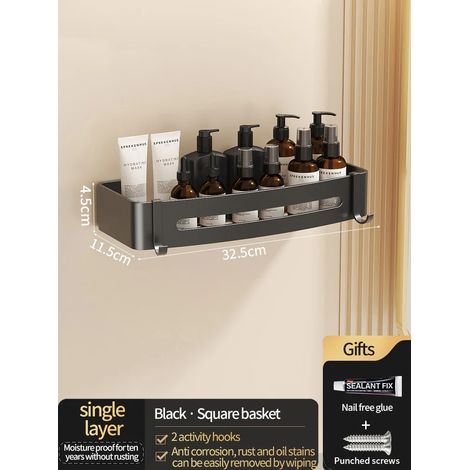 (JS45 carré noir) Étagère murale en aluminium pour salle de bain, porte-shampoing, rangement et organisateur de cuisine. Installation sans perçage. (1/5)