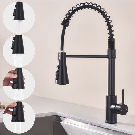 Mitigeur Cuisine avec Douchette Noir, MEEJEE Robinet de Cuisine à Ressort Robinetterie de Cuisine Rotation 360° Robinet d'Evier 4 Jets au Choix en Laiton Noir
