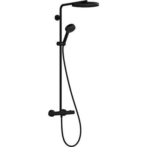 Colonne de douche économie d'eau avec mitigeur thermostatique, douche pluie (260 mm), douchette, flexible, barre, douche de tête ronde, Noir mat (1/5)