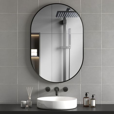 Miroir ovale mural cadre en aluminium style minimaliste montage vertical ou horizontal avec 3 crochets 60 x 90 cm noir (1/4)