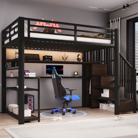 Hochbett 90x200 cm schwarz aus MDF und Metall mit LED, Schreibtisch, Kleiderschrank und Stauraum (1/5)