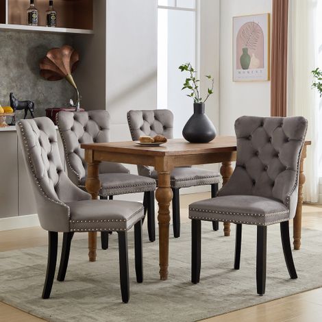 Set of 4 Modern Velvet Dining Chairs with Button Tufting,Solid Wood Legs,Riveted Trim and Knocker Ring,Ideal for Dining and Living Rooms in Grey (1/5)