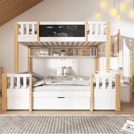 Litera infantil 90x200 y 140x200 cm blanco y natural en madera maciza con pizarra y escalera con almacenaje (1/5)
