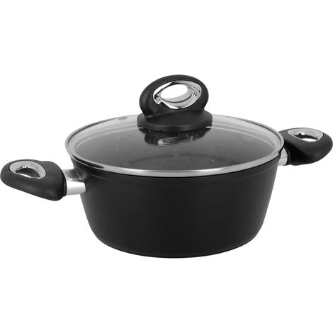 Faitout Ø 20 cm H 8,5 cm en Aluminium forgé revêtement Noir Anti-adhérent sans PFOA Intérieur effet Pierre Couvercle en Verre Tous Feux Dont Induction