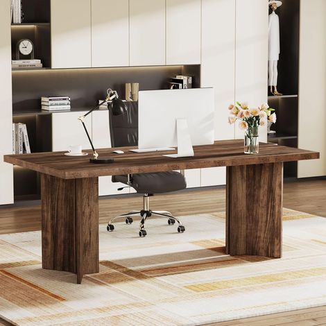 Tribesigns 63-inch Executive Desk, Vintage Office Computer Desk with Large Tabletop, Farmhouse Wood Writing Conference Table Workstation for Home Office, Study, Dark Brown (1/5)