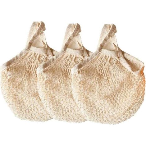 Lot de 3 sacs à provisions réutilisables en maille de coton Beige-manche court (1/4)