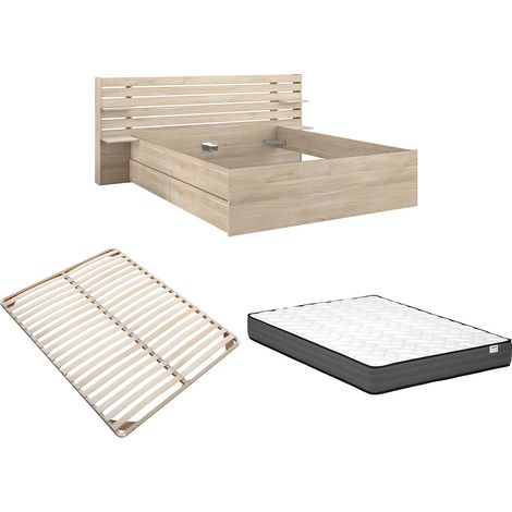 Letto 180 x 200 cm Con vani portaoggetti Naturale + Rete a doghe + Materasso  - TENALIA