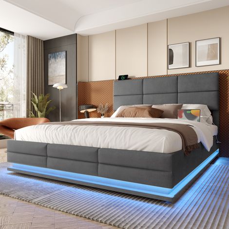 Letto matrimoniale imbottito 180x200cm,letto a sollevamento idraulico,velluto con USB e illuminazione a LED,testiera regolabile in altezza,vano contenitore sotto il letto,grigio