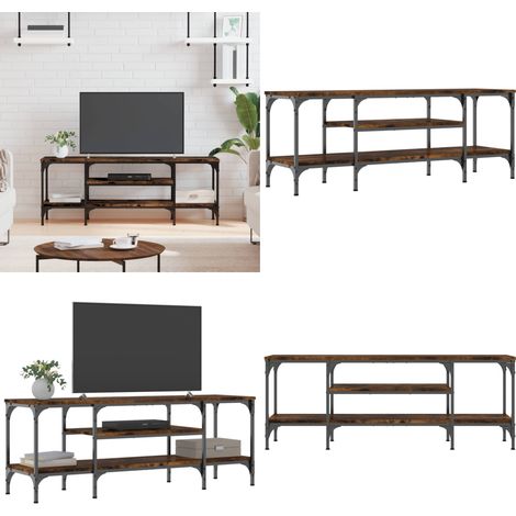 Mueble TV madera ingeniería y hierro roble ahumado 121x35x45 cm - Mueble industrial - Madera contrachapada