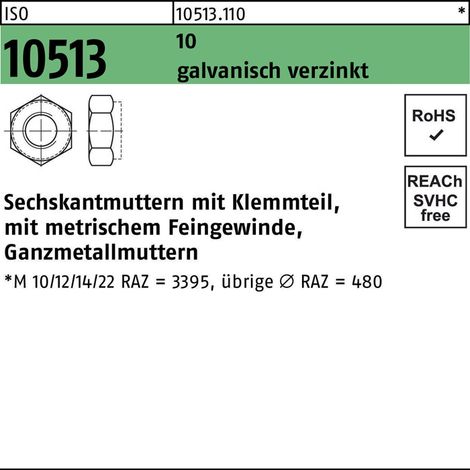 Selbstsichernde Sechskantmutter ISO 10513 M 14 x 1,5 Stahl galvanisch verzinkt 100 Stk (1/2)