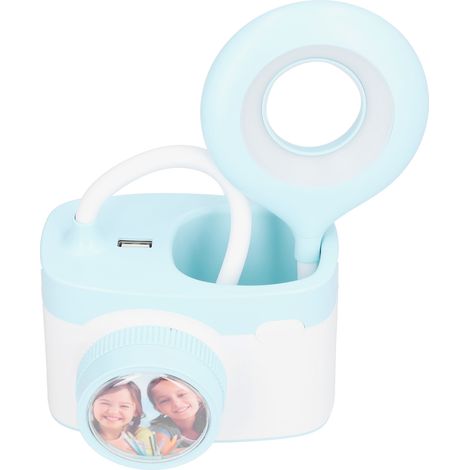 Lampe de table multifonctionnelle en forme d'appareil photo avec lumière LED douce, fonction de chargement USB, veilleuse de lecture, couleur bleue. (1/5)
