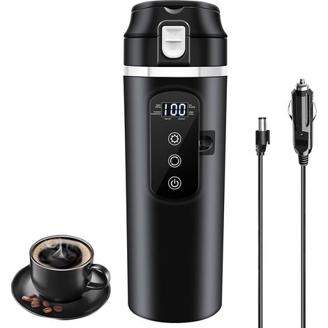 Bouilloire Auto 400ml Mug Chauffant, 12V-24V Température Variable Jusqu'à 100°C, Couvercle Anti-goutte, Étanche, Revêtement Acier Inox 304, Mug Portable pour Café et Thé (1/5)