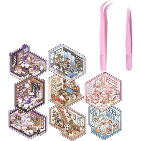 8 Autocollants Mini DIY Maison de Magie + Pince, Stickers Décoration de Scène Miniature, Stickers Animaux, Jouet d’Enfant, Set de Bricolage Créatif (1/5)